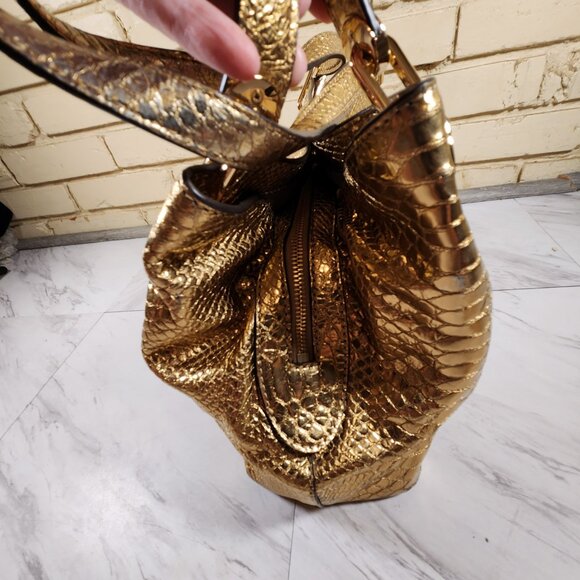 Michael Kors Raven Snakeskin Gold Leather Tote Bag Purse - Picture 10 of 14